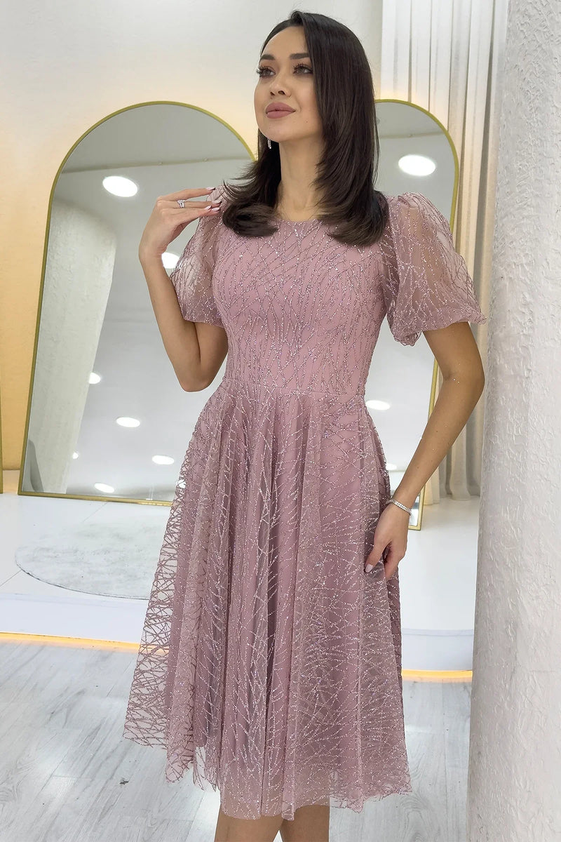 Pudra Balon Kol Simli Kloş Midi Boy Abiye Elbise