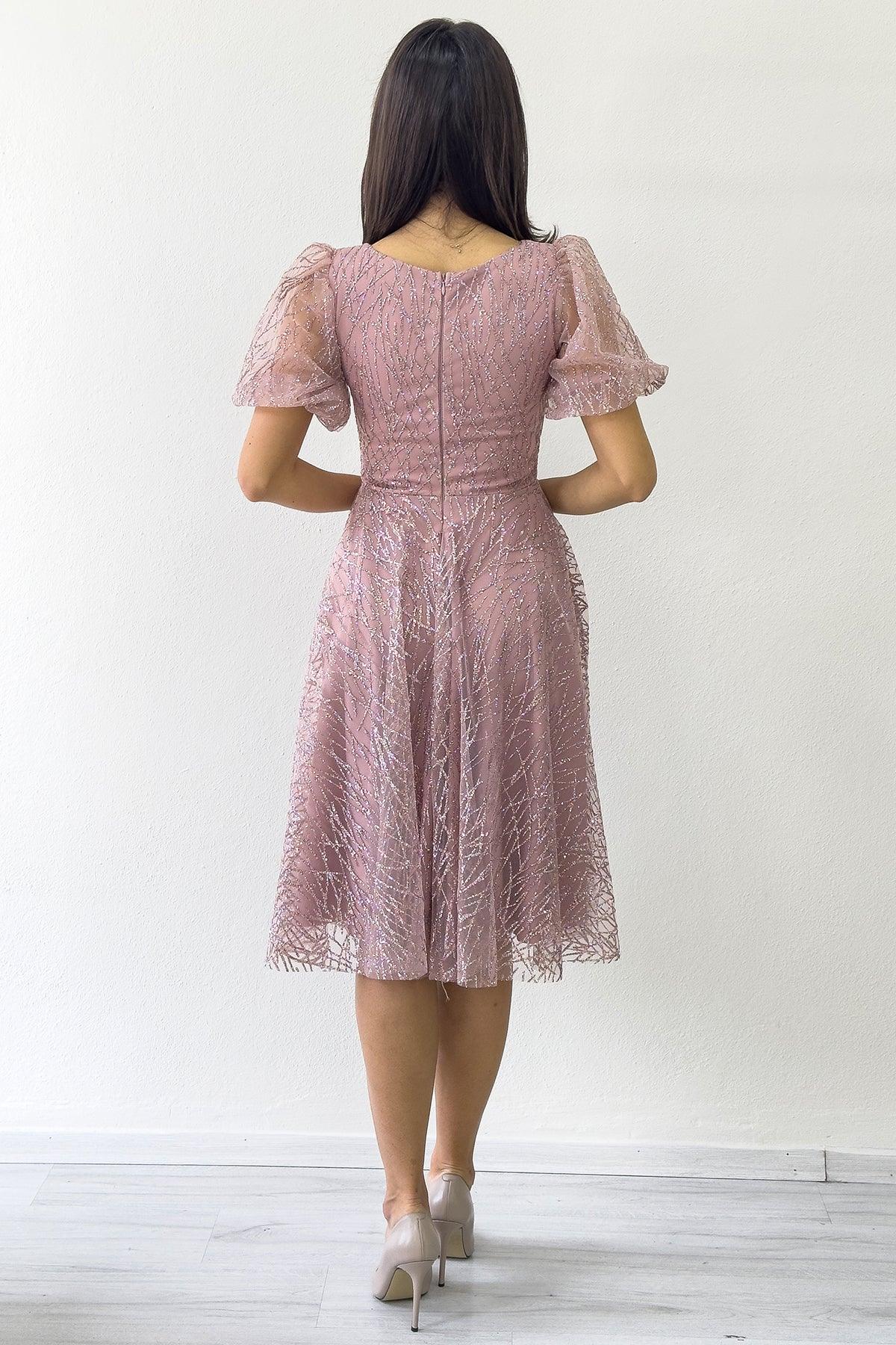 Pudra Balon Kol Simli Kloş Midi Boy Abiye Elbise