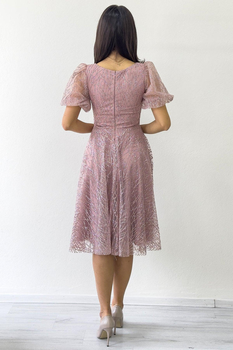 Pudra Balon Kol Simli Kloş Midi Boy Abiye Elbise