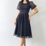 Siyah Balon Kol Simli Kloş Midi Boy Abiye Elbise