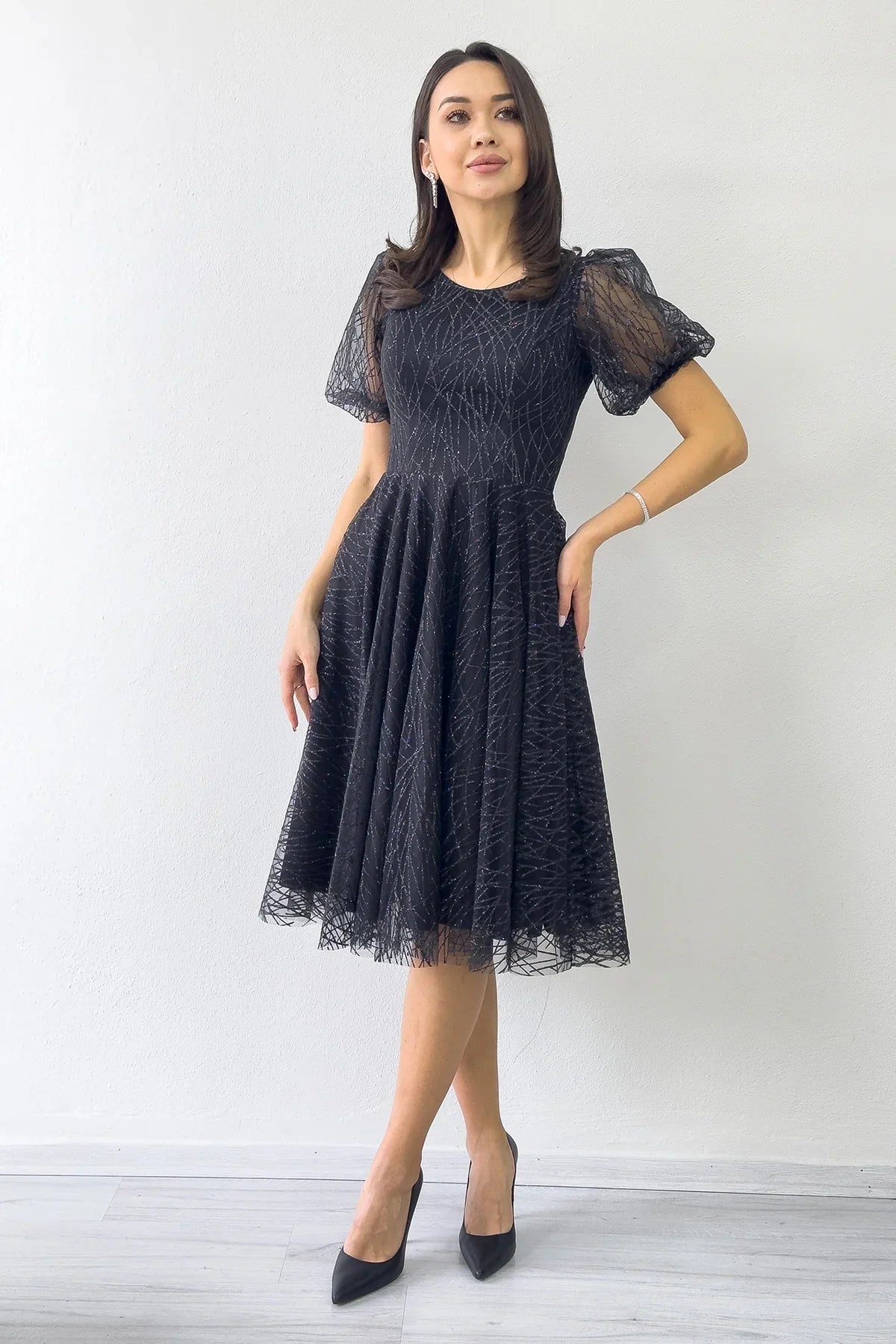 Siyah Balon Kol Simli Kloş Midi Boy Abiye Elbise