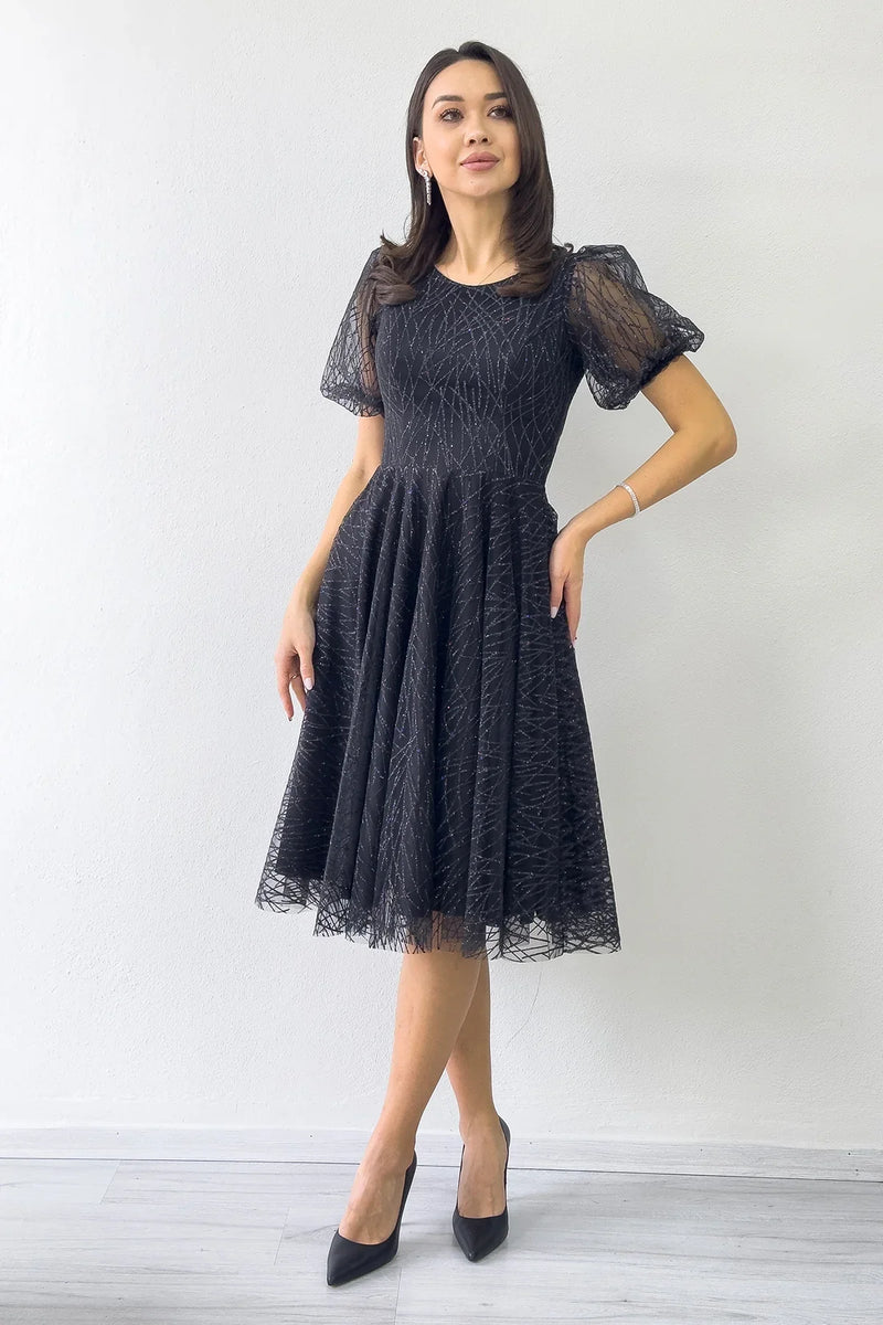 Siyah Balon Kol Simli Kloş Midi Boy Abiye Elbise