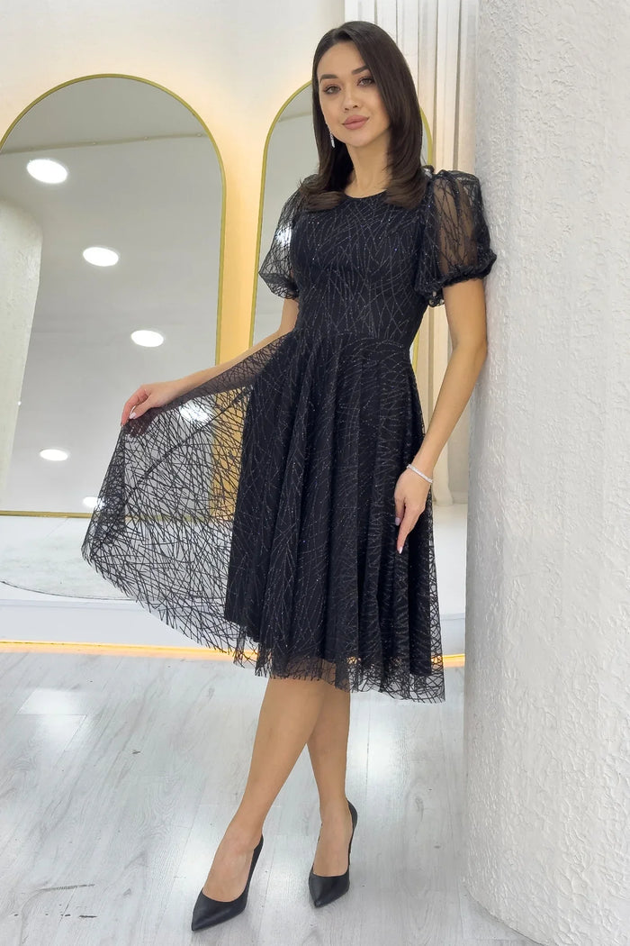 Siyah Balon Kol Simli Kloş Midi Boy Abiye Elbise