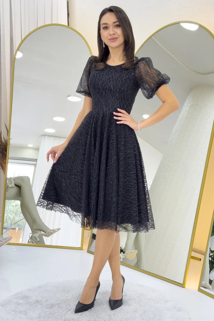 Siyah Balon Kol Simli Kloş Midi Boy Abiye Elbise