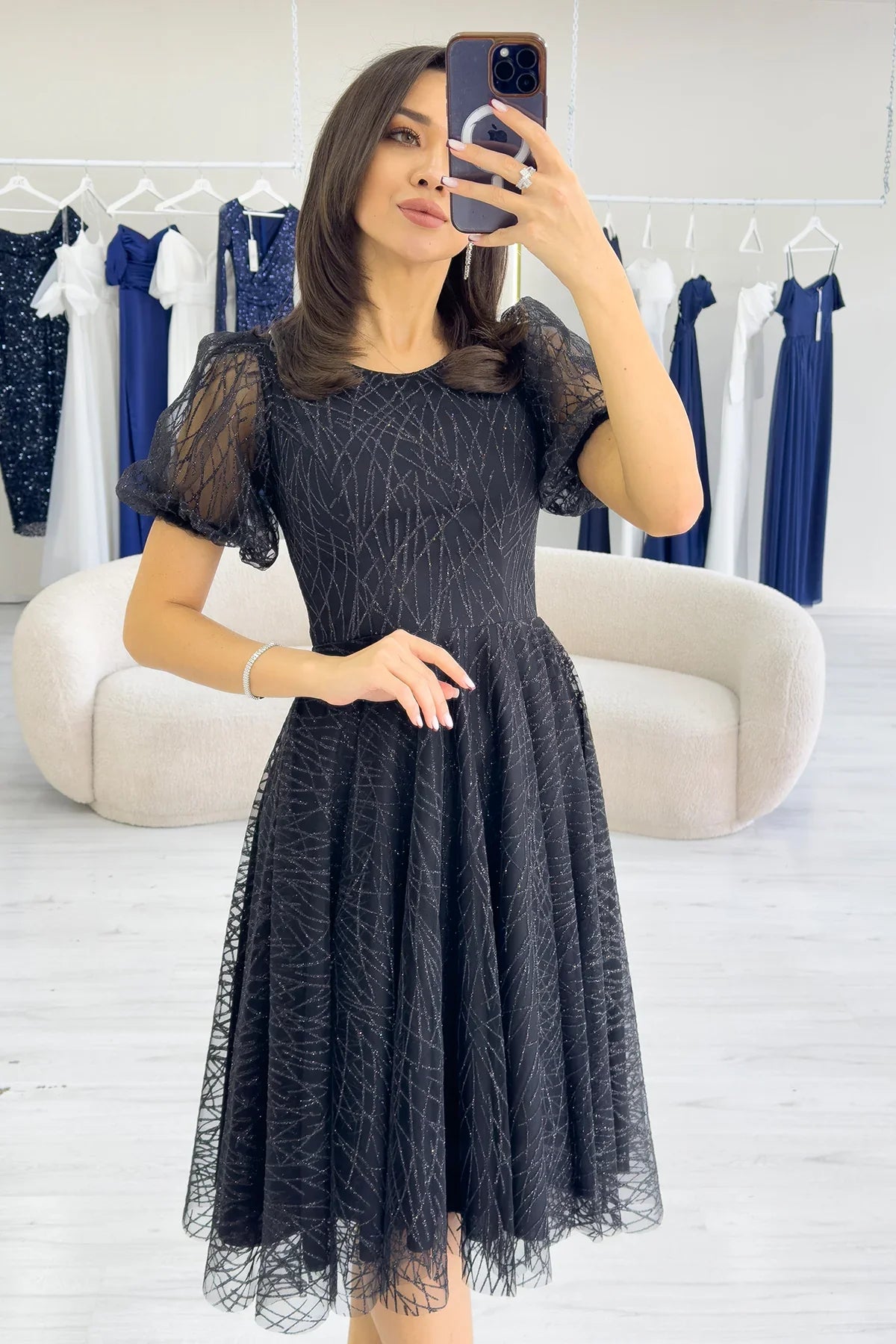 Siyah Balon Kol Simli Kloş Midi Boy Abiye Elbise