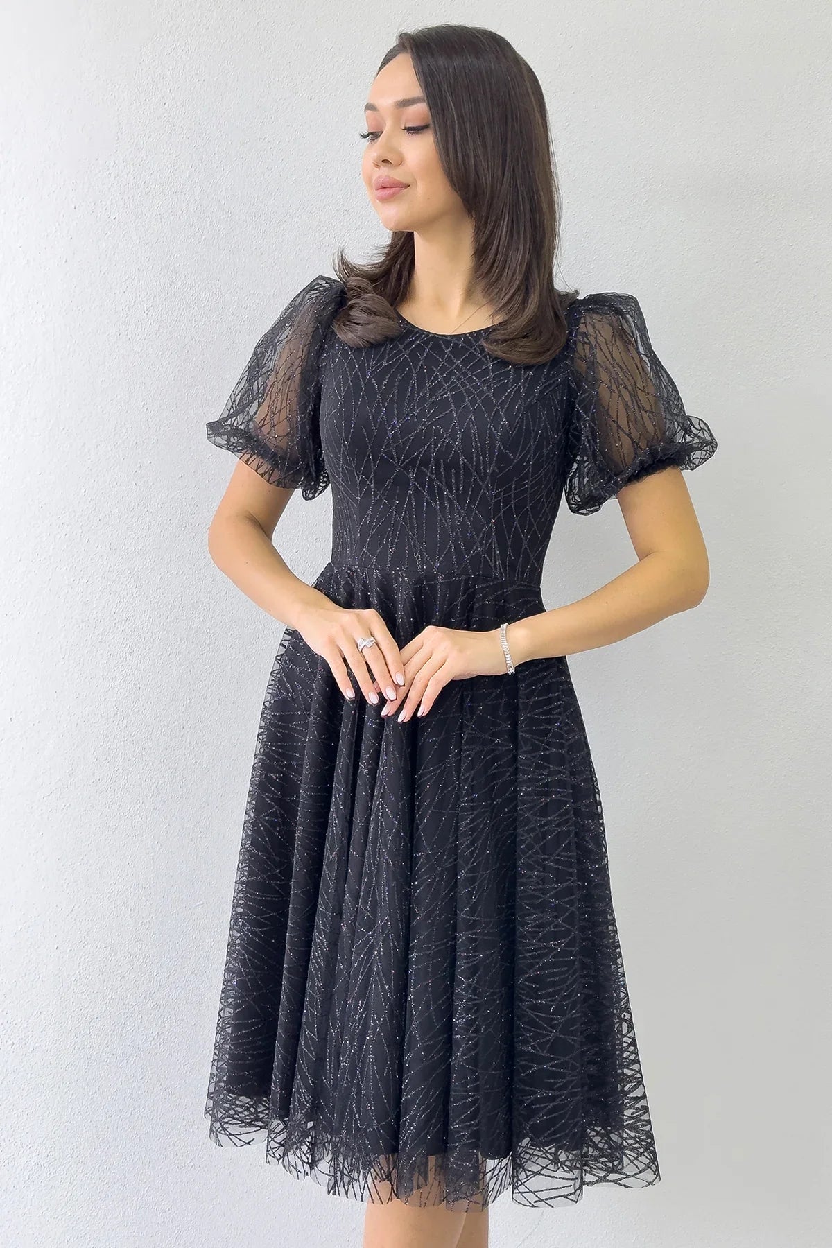 Siyah Balon Kol Simli Kloş Midi Boy Abiye Elbise