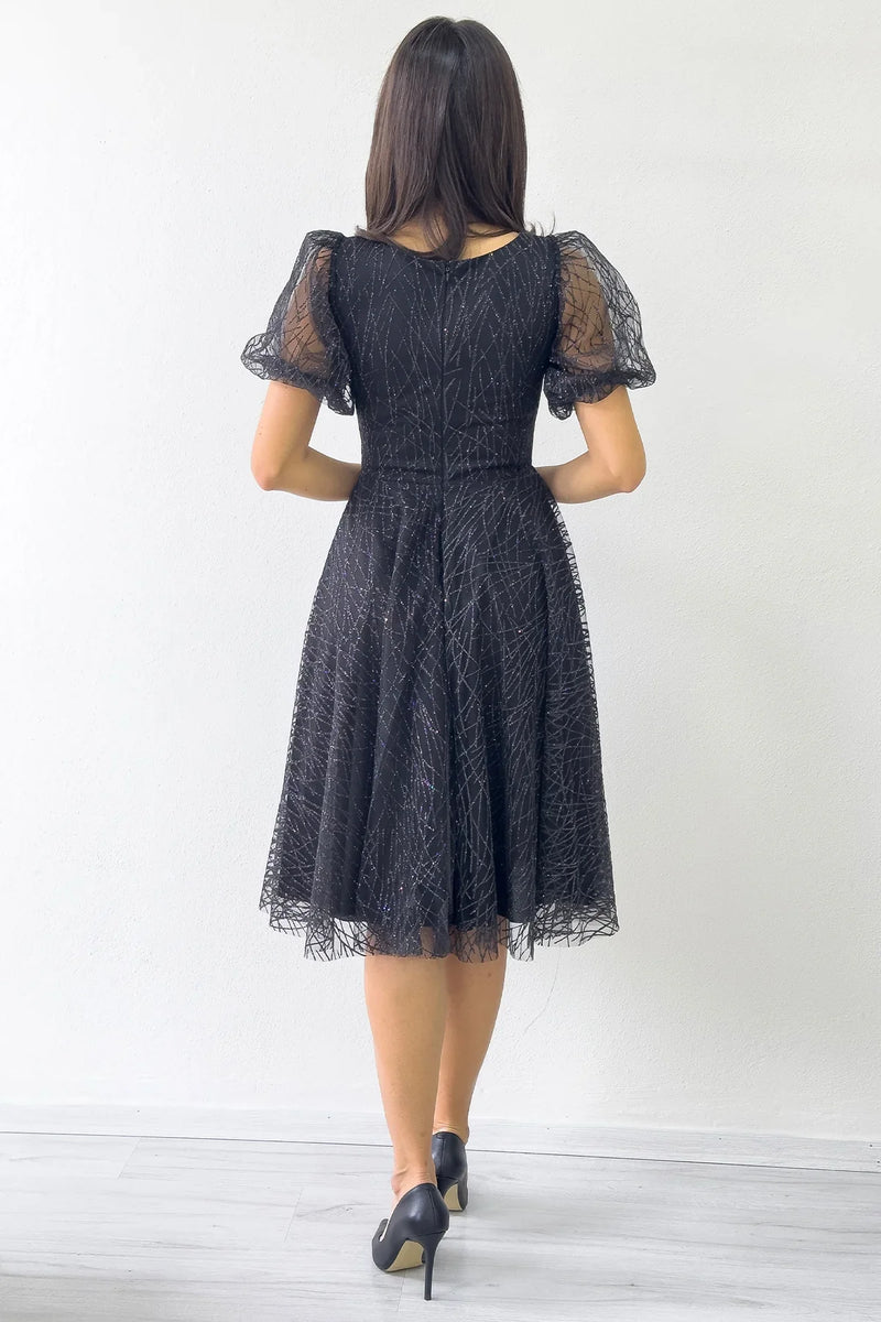 Siyah Balon Kol Simli Kloş Midi Boy Abiye Elbise