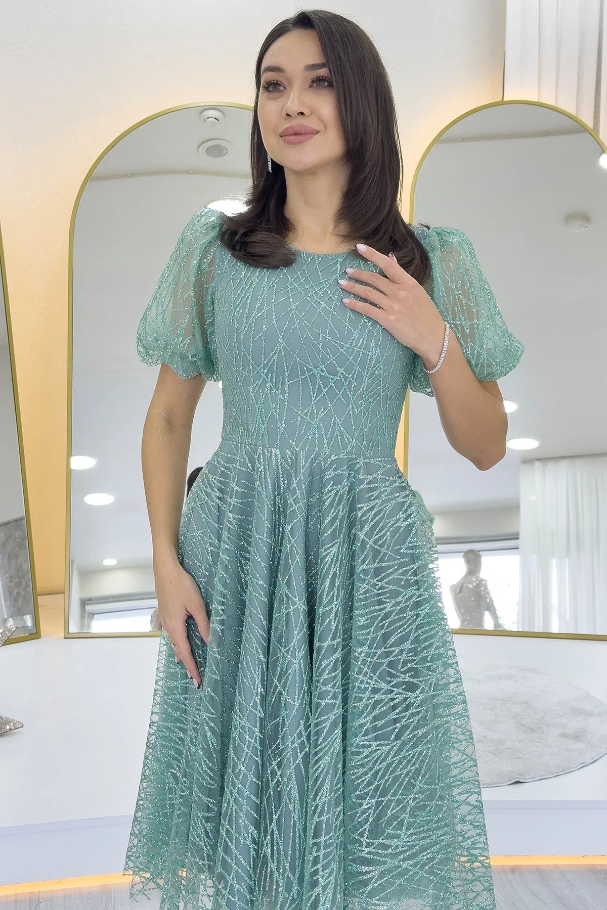 Su Yeşili Balon Kol Simli Kloş Midi Boy Abiye Elbise