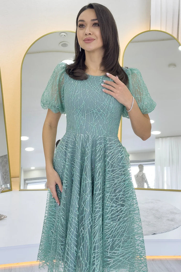 Su Yeşili Balon Kol Simli Kloş Midi Boy Abiye Elbise