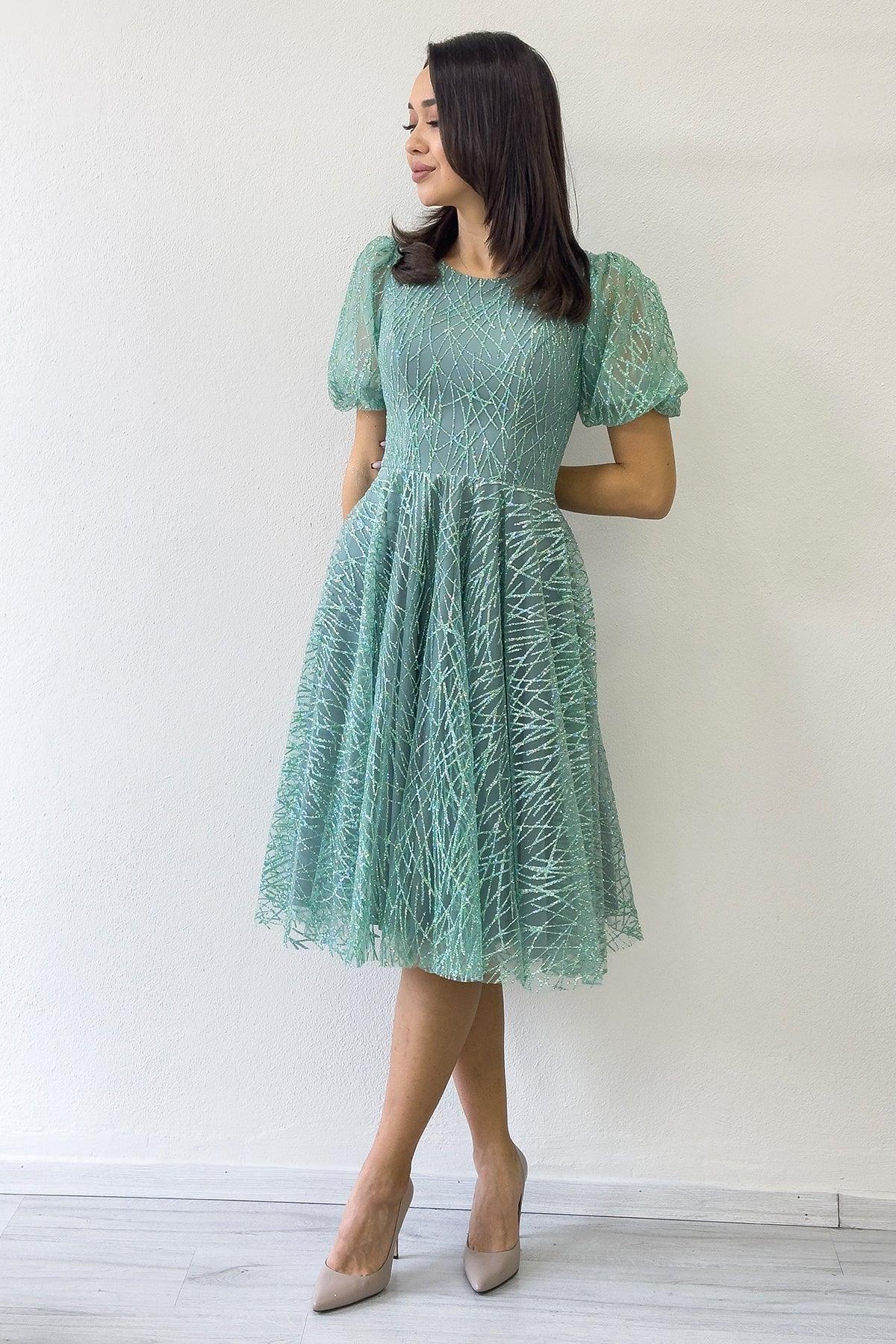 Su Yeşili Balon Kol Simli Kloş Midi Boy Abiye Elbise