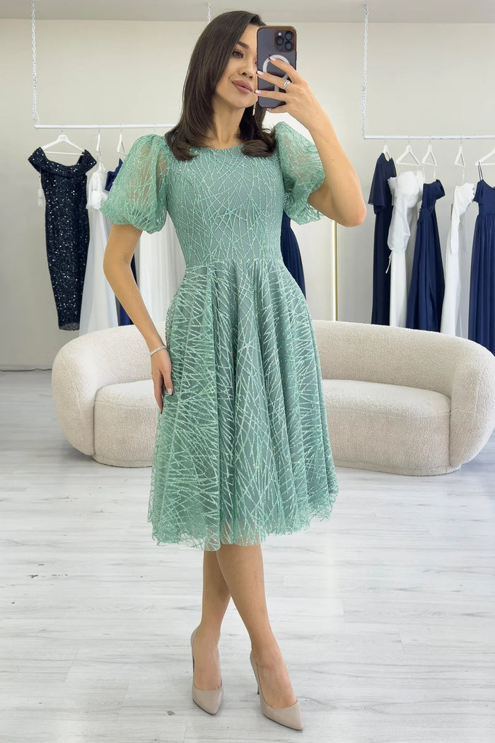 Su Yeşili Balon Kol Simli Kloş Midi Boy Abiye Elbise