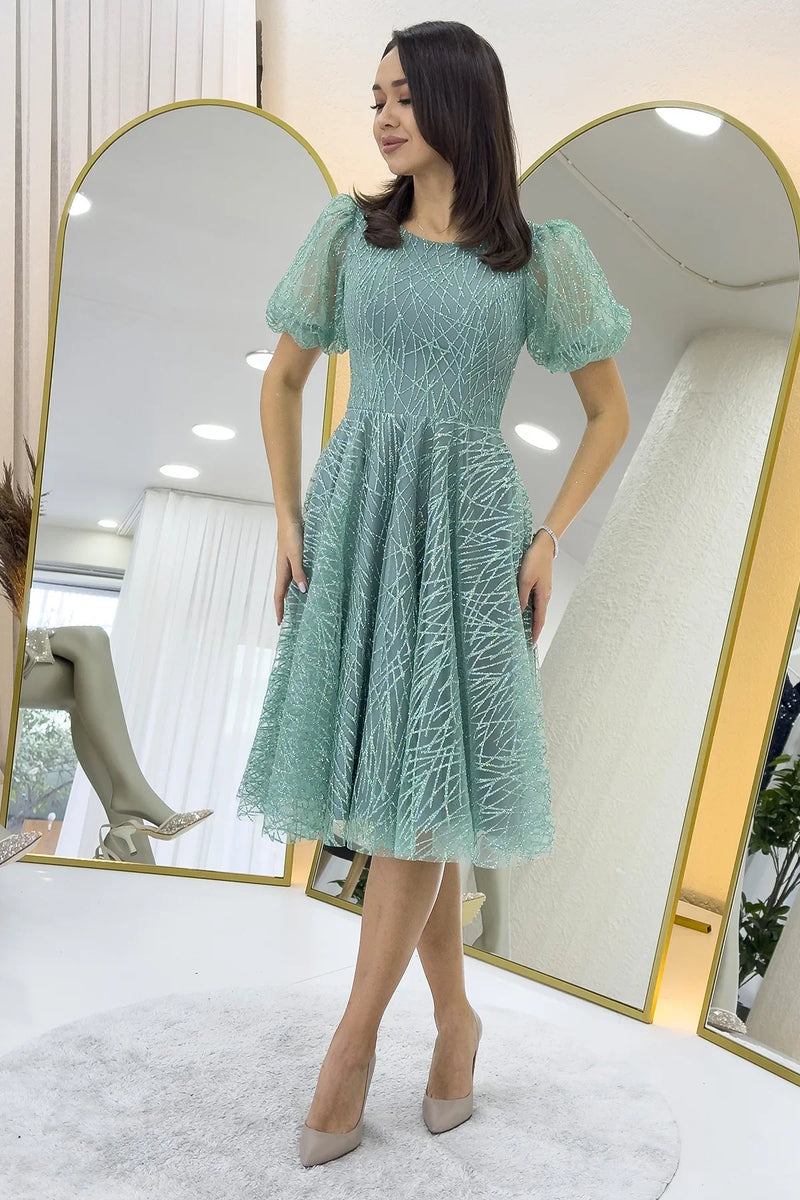 Su Yeşili Balon Kol Simli Kloş Midi Boy Abiye Elbise