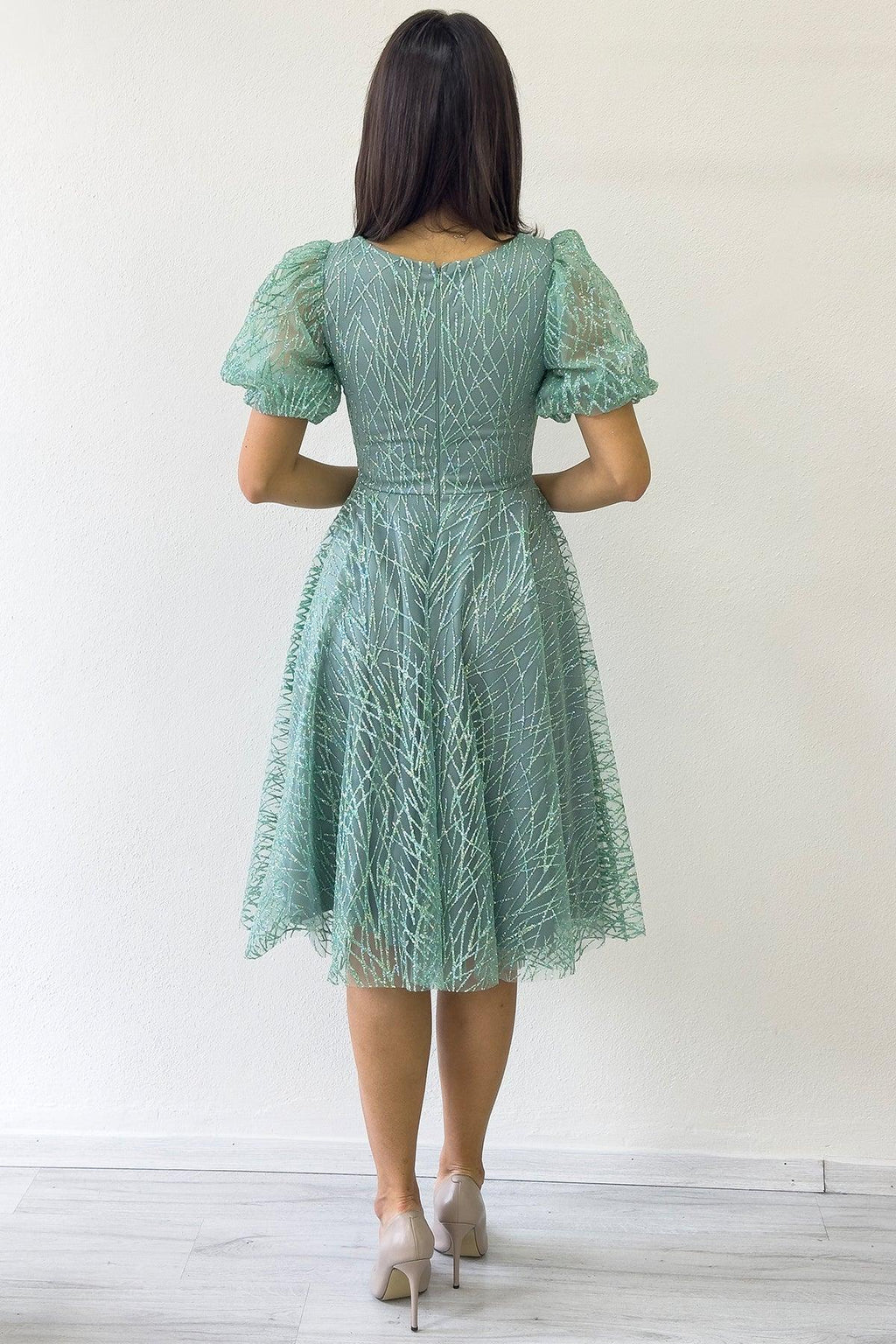 Su Yeşili Balon Kol Simli Kloş Midi Boy Abiye Elbise