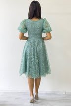 Su Yeşili Balon Kol Simli Kloş Midi Boy Abiye Elbise