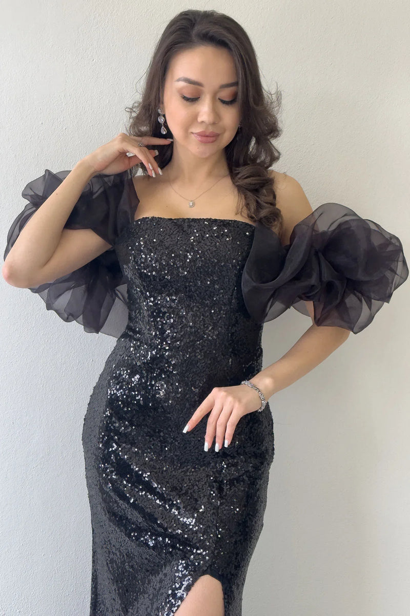 Siyah Straplez Pul Payet Yırtmaçlı Tül Kol Detaylı Abiye Elbise