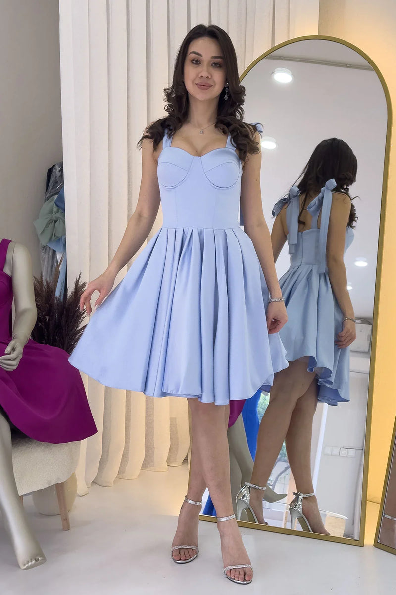 Bebe Mavisi Omuz Bağlama Detaylı Kloş Abiye Elbise