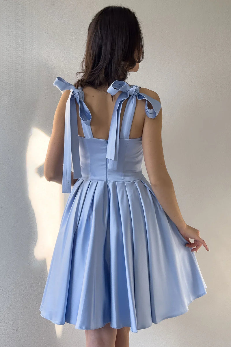 Bebe Mavisi Omuz Bağlama Detaylı Kloş Abiye Elbise