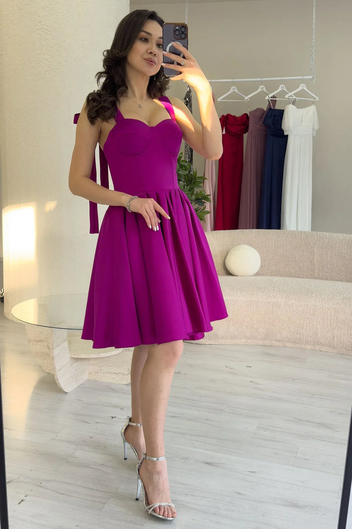 Fuşya Omuz Bağlama Detaylı Kloş Abiye Elbise