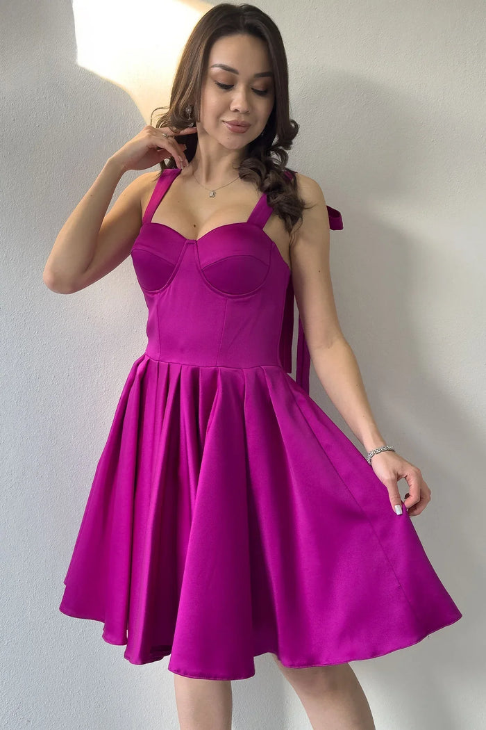 Fuşya Omuz Bağlama Detaylı Kloş Abiye Elbise