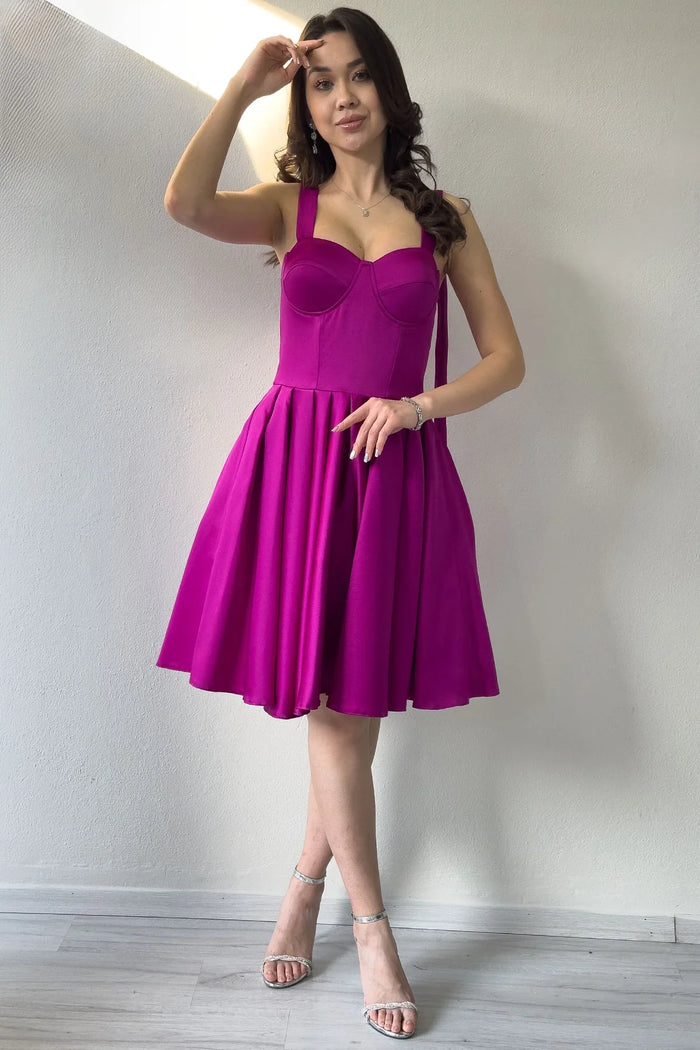 Fuşya Omuz Bağlama Detaylı Kloş Abiye Elbise