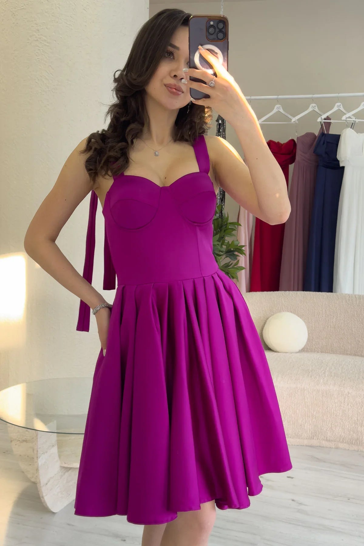 Fuşya Omuz Bağlama Detaylı Kloş Abiye Elbise