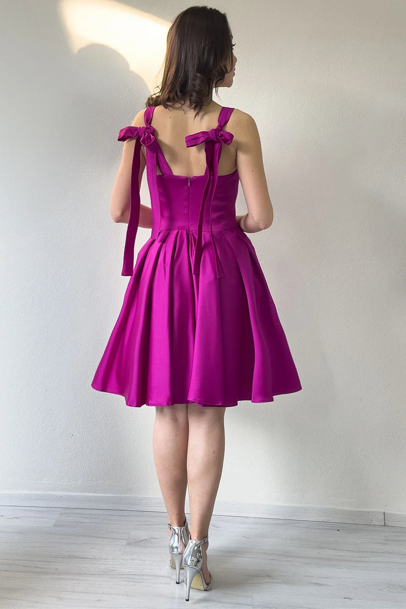 Fuşya Omuz Bağlama Detaylı Kloş Abiye Elbise