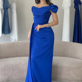 Kadın Saks Mavisi Düşük Omuz Saten Drapeli Yırtmaçlı Abiye Elbise