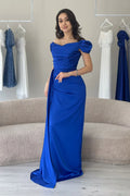 Kadın Saks Mavisi Düşük Omuz Saten Drapeli Yırtmaçlı Abiye Elbise