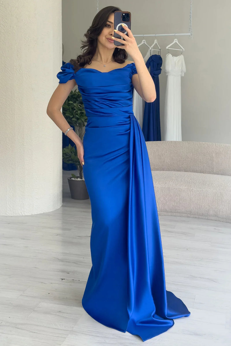 Kadın Saks Mavisi Düşük Omuz Saten Drapeli Yırtmaçlı Abiye Elbise 
