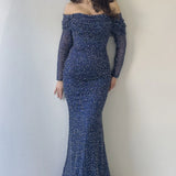 Lacivert Kayık Yaka Taş İşlemeli Uzun Kol Balık Abiye Elbise