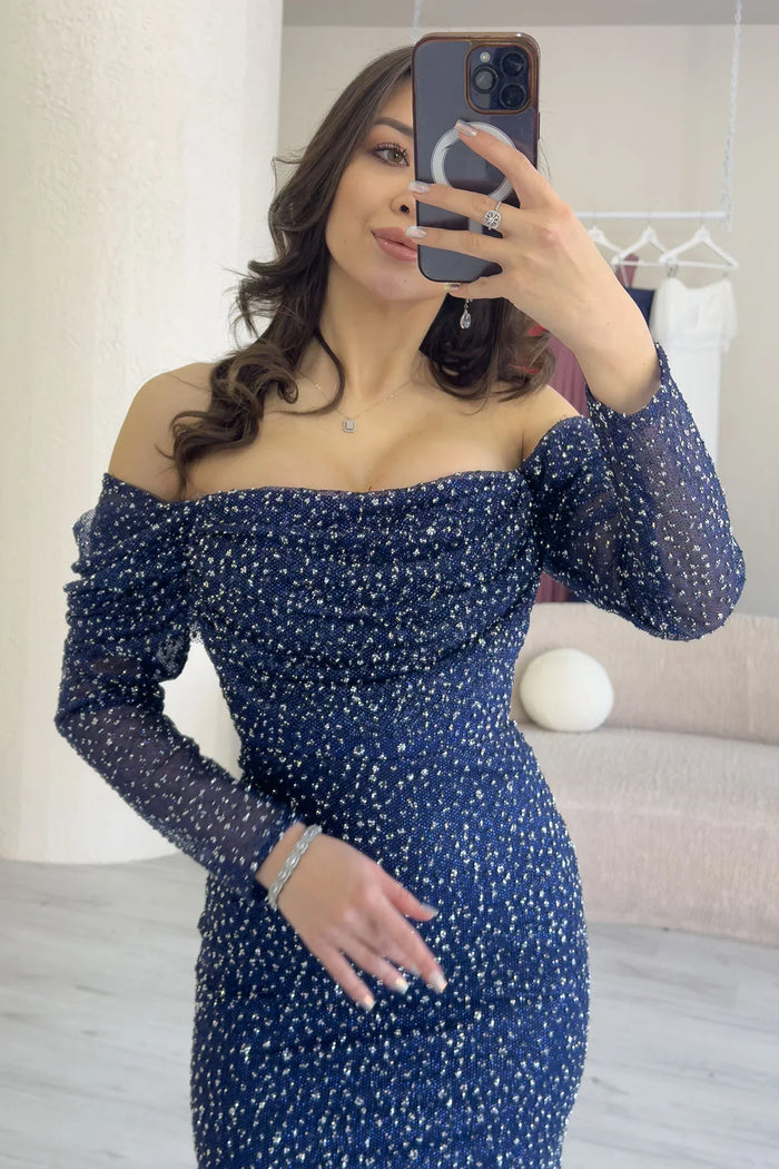 Lacivert Kayık Yaka Taş İşlemeli Uzun Kol Balık Abiye Elbise