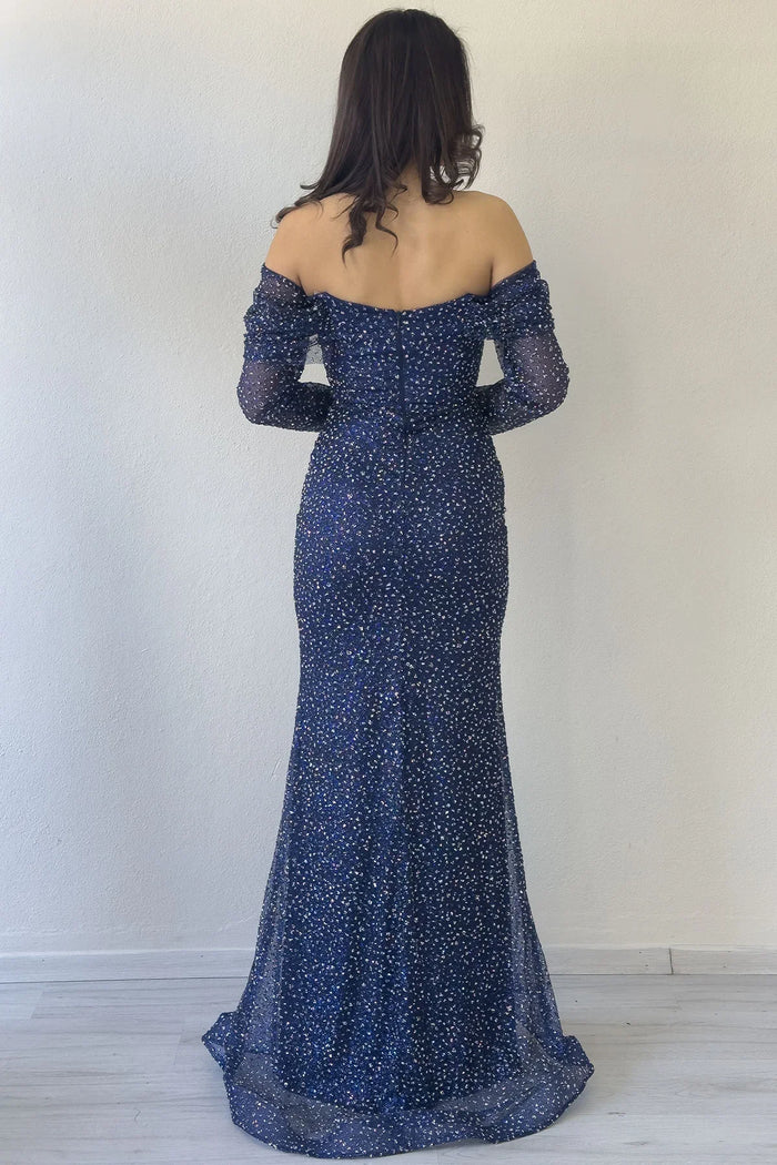 Lacivert Kayık Yaka Taş İşlemeli Uzun Kol Balık Abiye Elbise