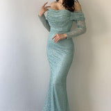 Su Yeşili Kayık Yaka Taş İşlemeli Uzun Kol Balık Abiye Elbise