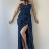 Lacivert Straplez Pul Payet Taş İşlemeli Kuyruklu Abiye Elbise