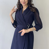 Lacivert Gümüş Tokalı Uzun Kollu Piliseli Ceket Elbise