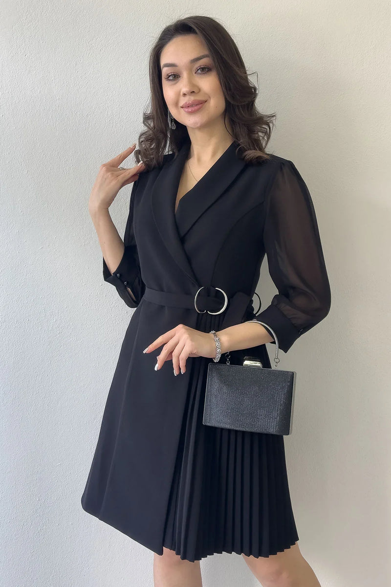 Siyah Gümüş Tokalı Uzun Kollu Piliseli Ceket Elbise