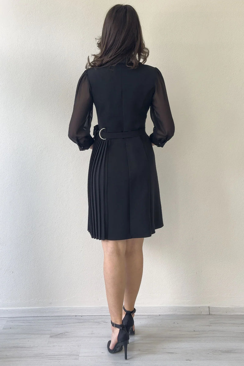 Siyah Gümüş Tokalı Uzun Kollu Piliseli Ceket Elbise