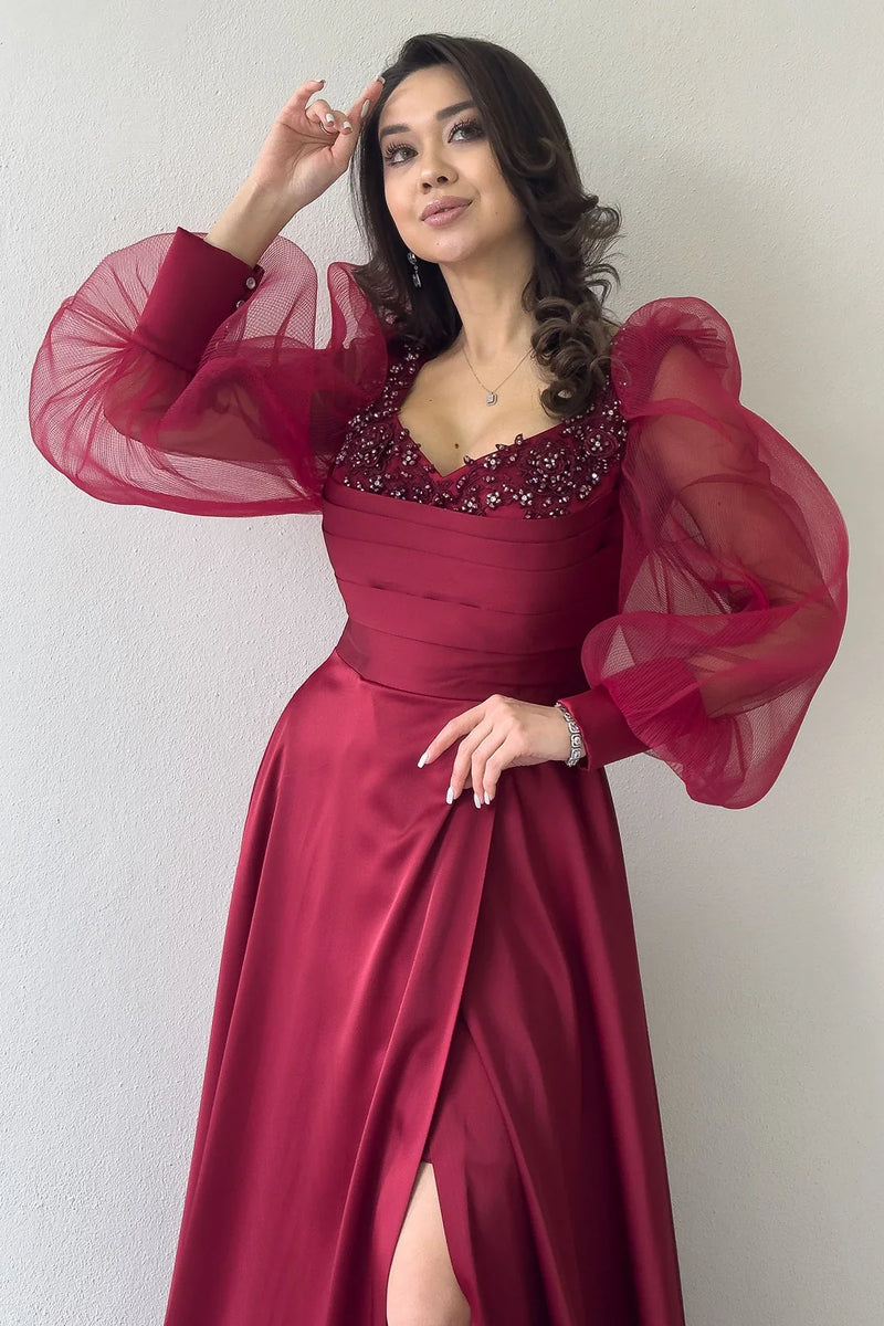 Bordo Tül Kol İşlemeli Drapeli Saten Yırtmaçlı Abiye Elbise