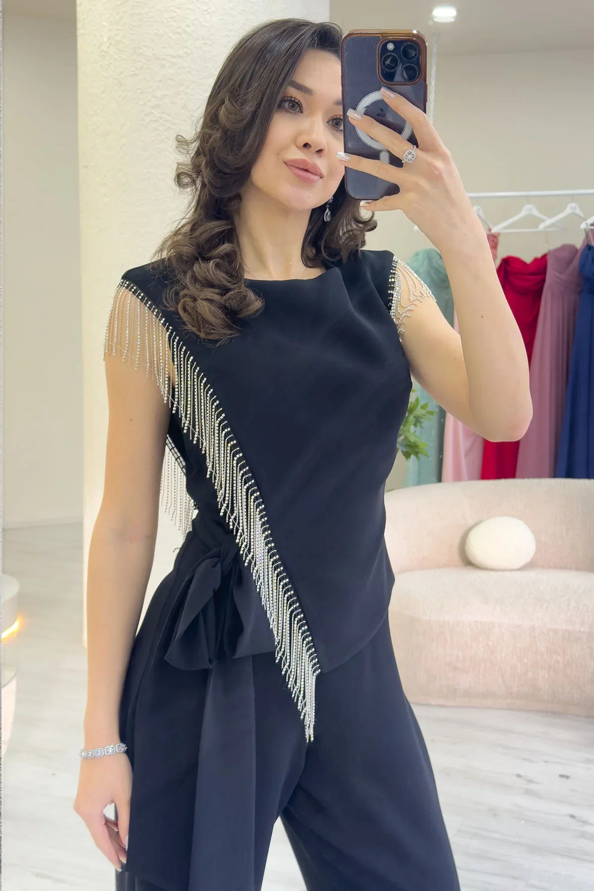 Kadın Siyah Yan Bağlamalı Sıfır Kol Taş Detay Tulum