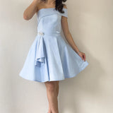 Bebe Mavisi Tek Omuz Taş Detay Mini Kloş Saten Abiye Elbise