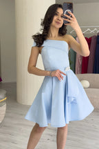 Bebe Mavisi Tek Omuz Taş Detay Mini Kloş Saten Abiye Elbise