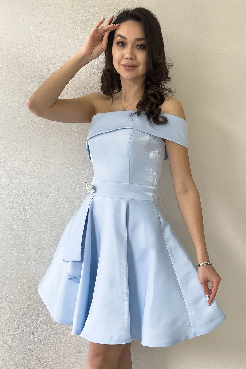 Bebe Mavisi Tek Omuz Taş Detay Mini Kloş Saten Abiye Elbise