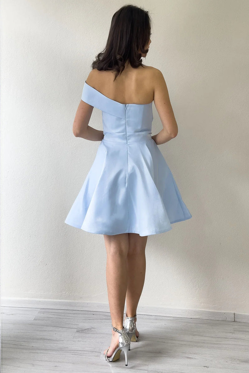 Bebe Mavisi Tek Omuz Taş Detay Mini Kloş Saten Abiye Elbise