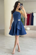 Lacivert Tek Omuz Taş Detay Mini Kloş Saten Abiye Elbise
