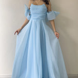 Bebe Mavisi Drapeli Boyundan Bağlamalı Fiyonk Kol Detay Organze Abiye Elbise