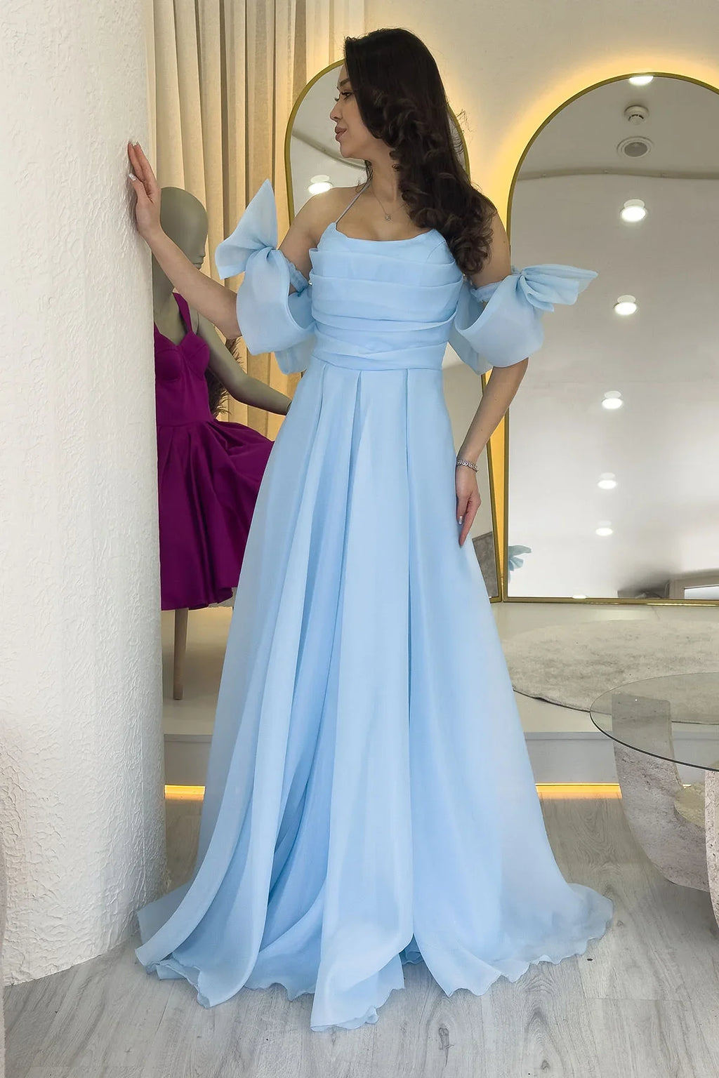 Bebe Mavisi Drapeli Boyundan Bağlamalı Fiyonk Kol Detay Organze Abiye Elbise