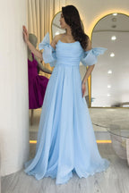 Bebe Mavisi Drapeli Boyundan Bağlamalı Fiyonk Kol Detay Organze Abiye Elbise