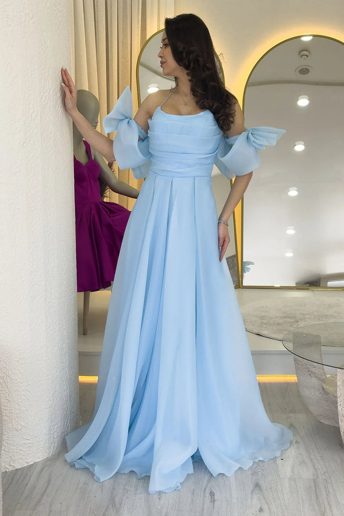 Bebe Mavisi Drapeli Boyundan Bağlamalı Fiyonk Kol Detay Organze Abiye Elbise