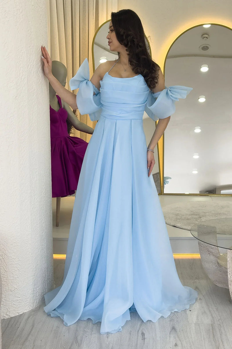 Bebe Mavisi Drapeli Boyundan Bağlamalı Fiyonk Kol Detay Organze Abiye Elbise