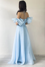 Bebe Mavisi Drapeli Boyundan Bağlamalı Fiyonk Kol Detay Organze Abiye Elbise